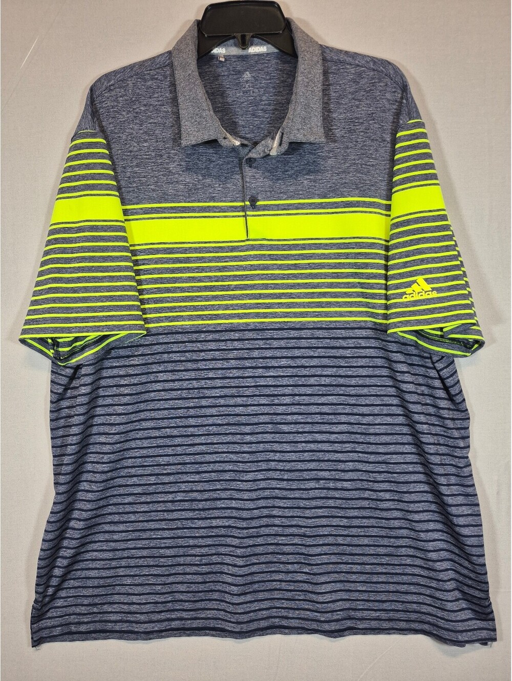 Adidas Men’s 2XL Golf Polo Shirt Gray Neon Yellow Striped Performance ClimaCool